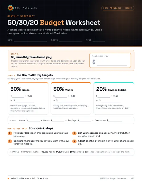 Cover of 50/30/20 Budget Worksheet